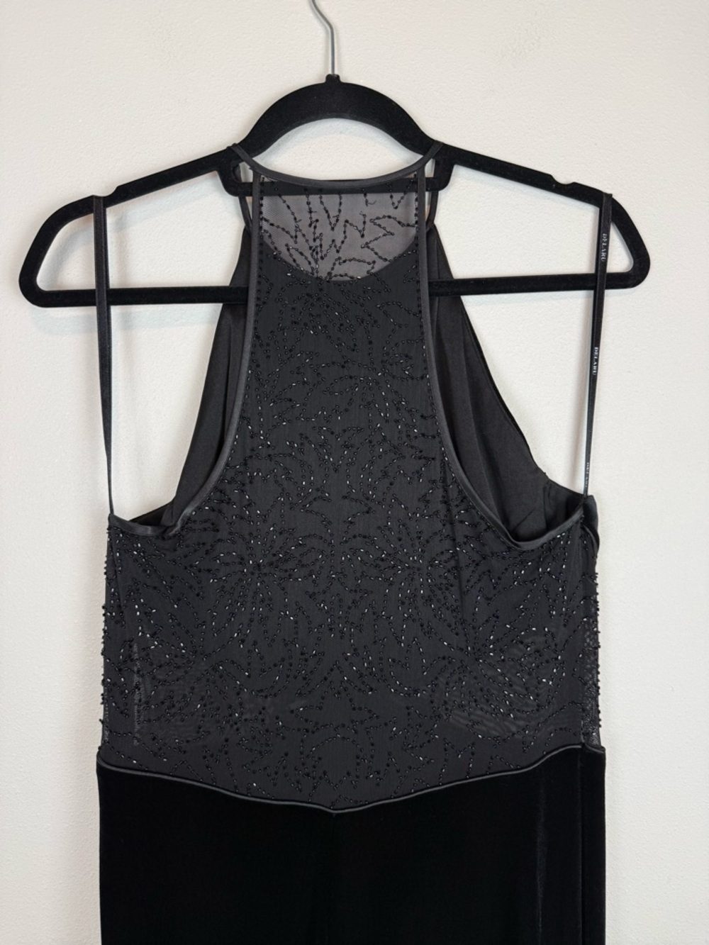 Vintage 90s Black Velvet High Neck Mesh Cutout Beaded Gown Full Length Dress - Picture 7 of 12